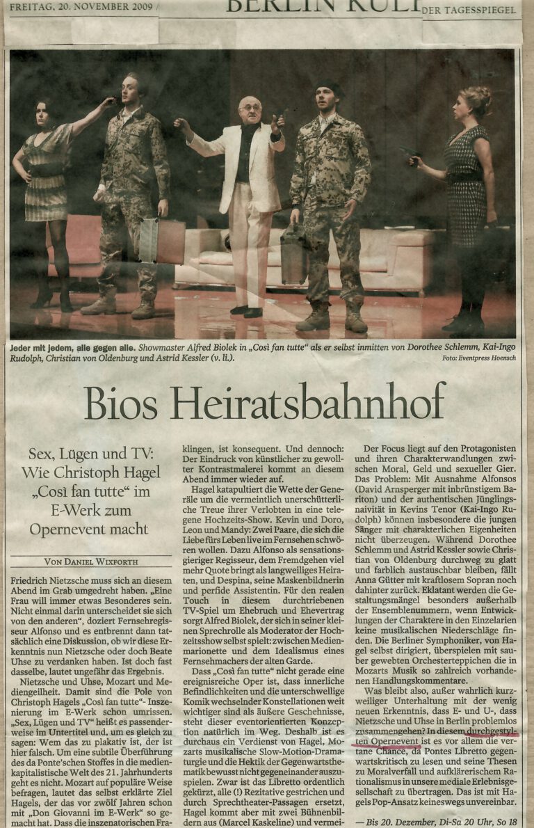 Kritik zu "Sex,Lügen und TV", Mozarts "Cosi fan tutte" mit Berliner Symphonikern, E Werk Berlin, Tagespiegel November 2009